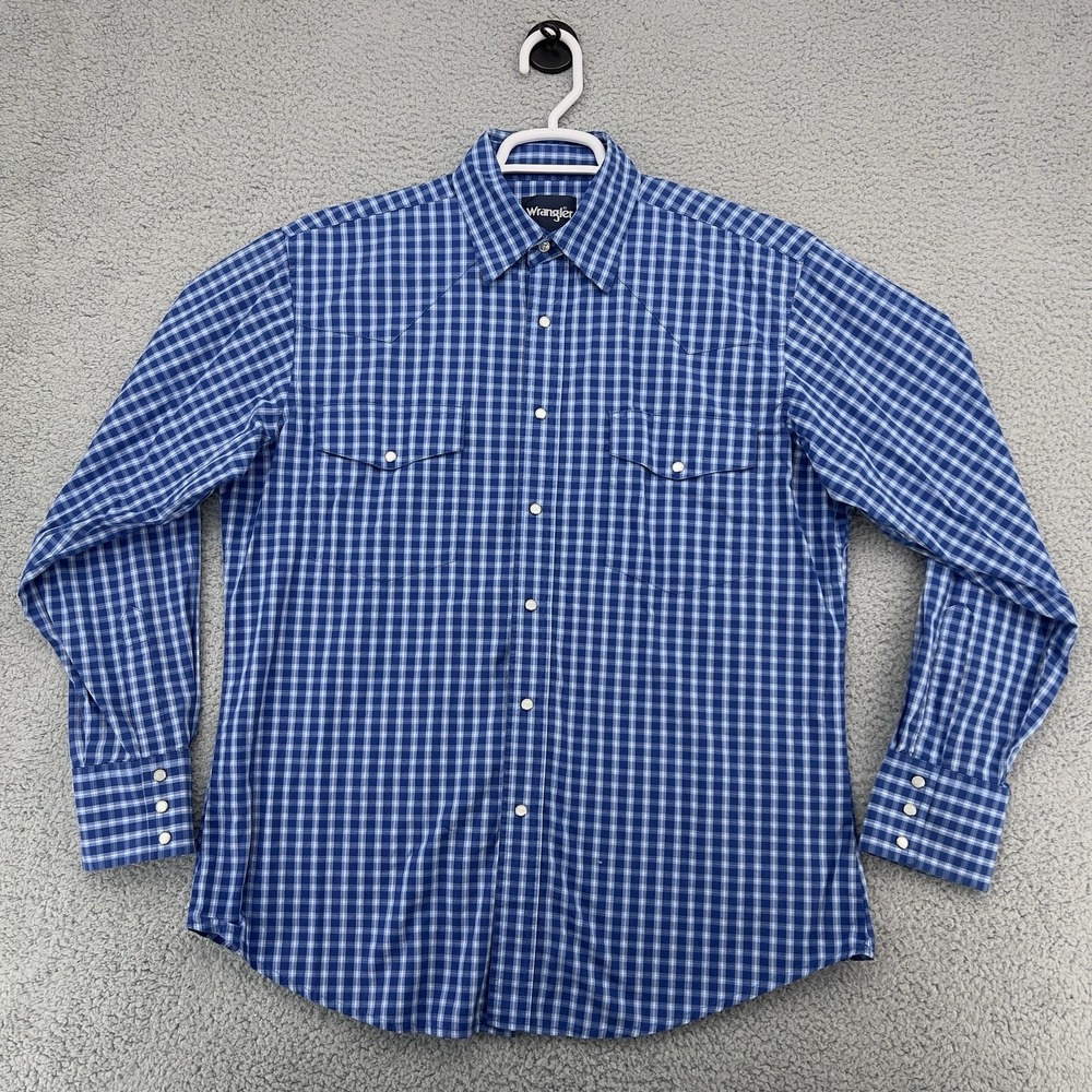 Wrangler Western Pearl‎ Snap Shirt Men Large Blue Plaid Long Sleeve Cowboy